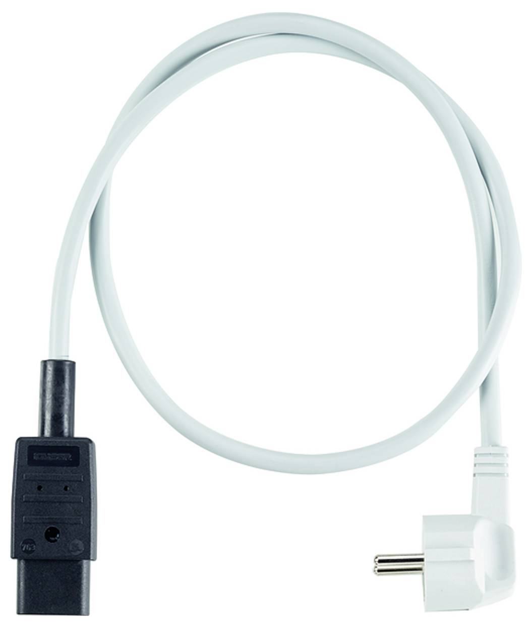 Ein weißes Stromkabel mit einem schwarzen Adapter an einem Ende und einem weißen gewinklten Stecker am anderen Ende, geeignet zum Einstecken in eine Steckdose.