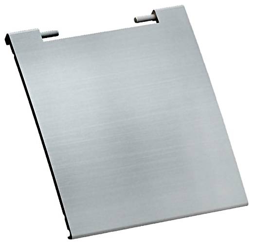 Eine silberne Metallplatte mit zwei oberen Scharnieren, möglicherweise eine Tür oder ein Paneel für eine industrielle oder technische Anwendung.