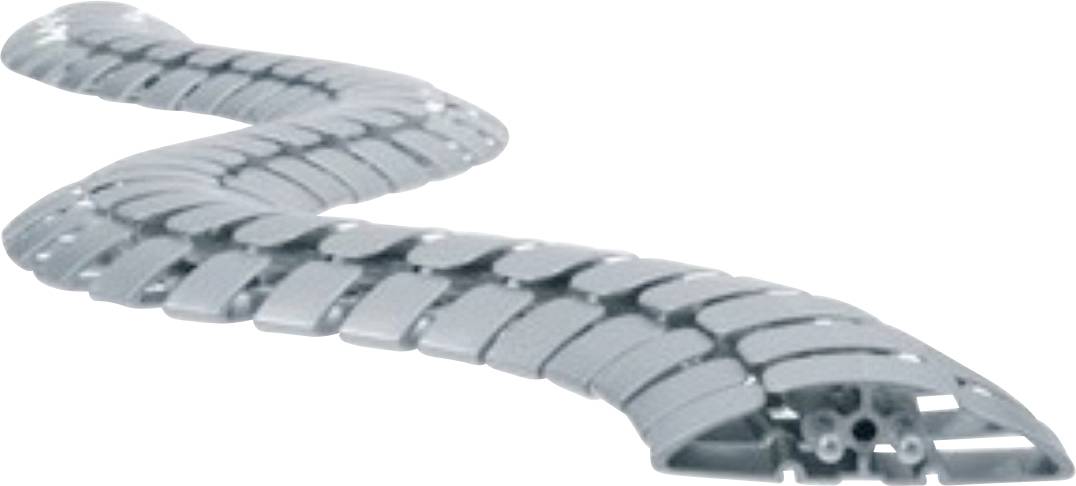 Ein flexibles, segmentiertes, graues Kunststoff-Kabelführungssystem in Serpentinenform, das zur Organisation und zum Schutz von Kabeln in Maschinen oder der Robotik verwendet wird.