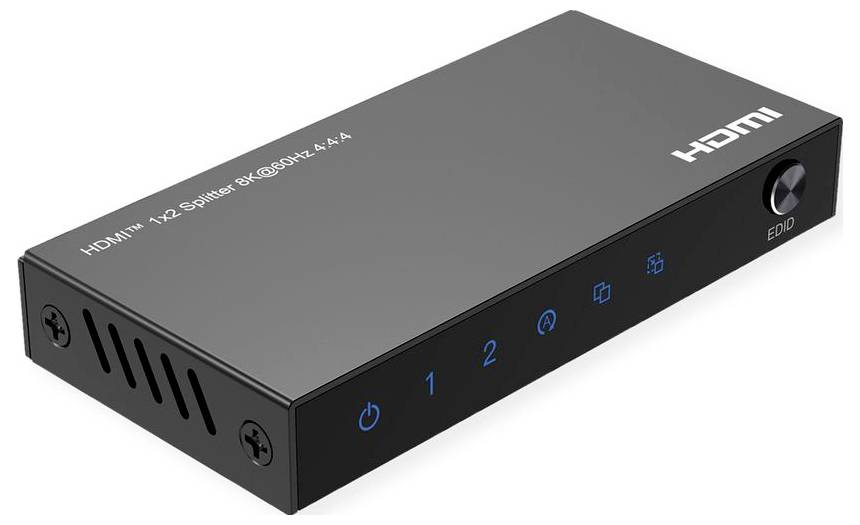 Ein schwarzer HDMI-Umschalter zum Anschließen mehrerer Geräte an einen einzelnen HDMI-Eingang, mit Stromversorgung und nummerierten Geräte-Indikatortasten.