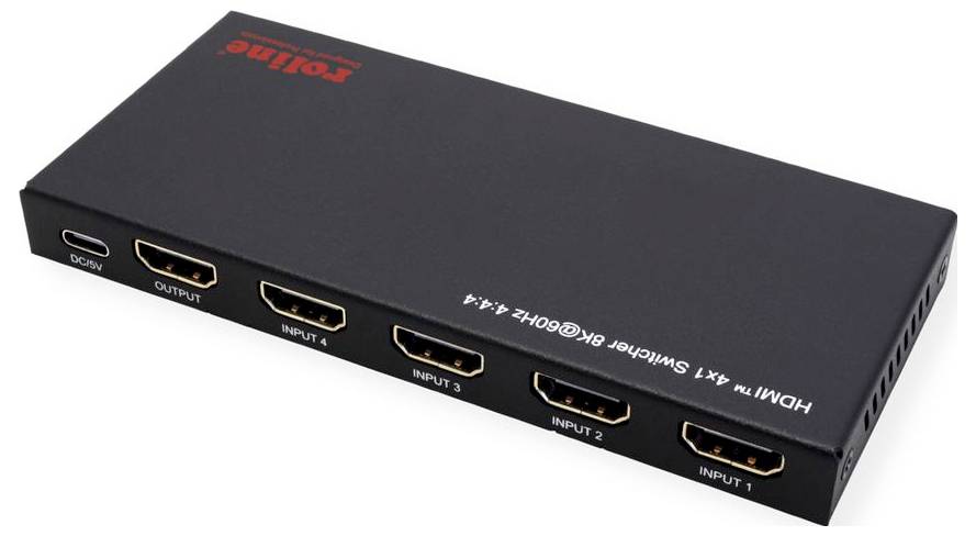 'Rolim 4K HDMI-Umschalter' mit fünf HDMI-Anschlüssen mit den Bezeichnungen 'Ausgang', 'Eingang 1', 'Eingang 2', 'Eingang 3' und 'Eingang 4'.
