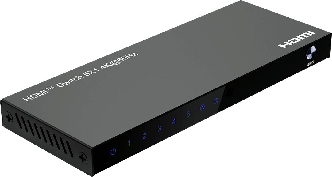 HDMI-Umschalter mit 5 Eingängen, beschriftet von 1 bis 5, unterstützt 4K bei 60Hz. Schwarzes, rechteckiges Design mit Stromversorgung und Eingabetasten auf der Vorderseite.