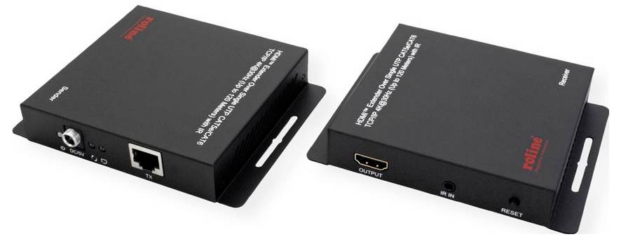 HDMI-über-Ethernet-Extender-Set mit zwei schwarzen Boxen, beschriftet mit „Sender