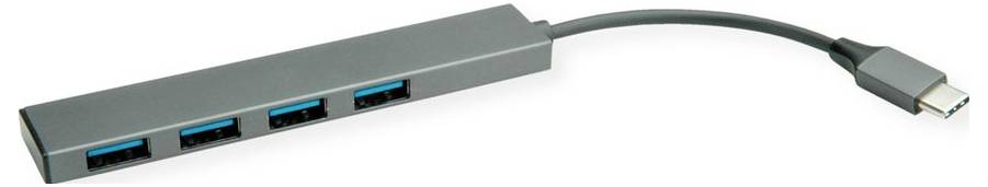 USB-C zu USB 3.0 Hub mit vier Anschlüssen zum Verbinden mehrerer Geräte mit einem einzelnen USB-C-Anschluss.