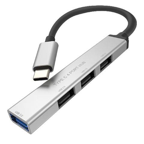 Ein USB-Type-C-Hub mit vier Anschlüssen, beschriftet mit „USB 3.0