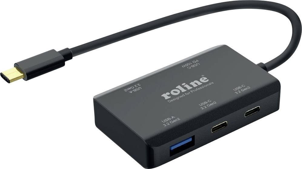 Ein schwarzer Multi-Port-Adapter mit USB-C-Anschluss, ausgestattet mit zwei USB-C-3.2-Gen-1-Anschlüssen und einem USB-A-3.2-Gen-1-Anschluss.