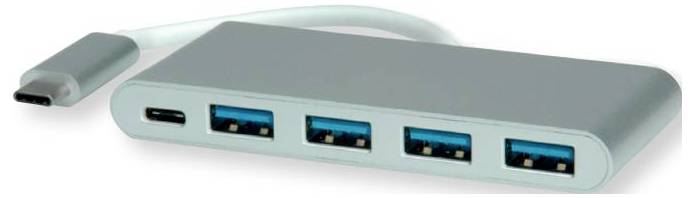 Ein silberner USB-Hub mit USB-C-Anschluss und vier USB-A-Anschlüssen, konzipiert zum Verbinden mehrerer Geräte mit einem einzelnen Computer.