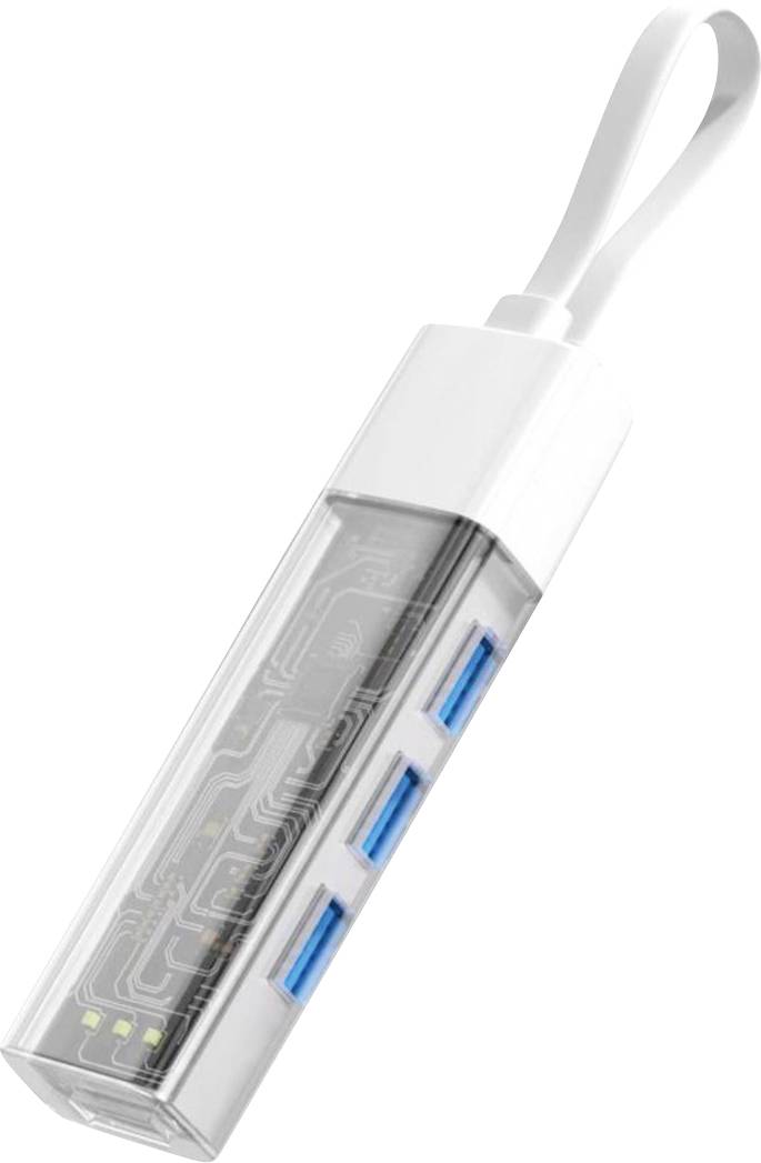 Ein transparenter USB-Hub mit sichtbarer Schaltkreisführung und vier blauen USB-Anschlüssen, ausgestattet mit einem weißen Tragriemen zum einfachen Handling.