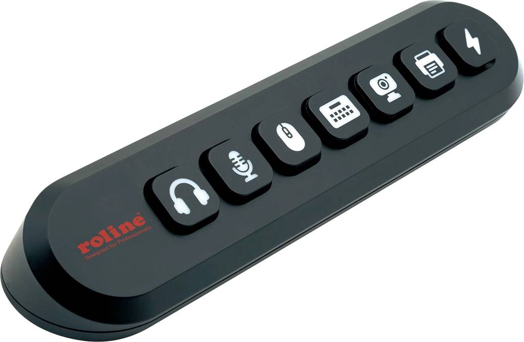 Ein schwarzer USB-Hub mit sieben Tasten mit gedruckten Symbolen, einschließlich Kopfhörer, Mikrofon, Maus, Tastatur, Kamera, Drucker und Blitzschlag.