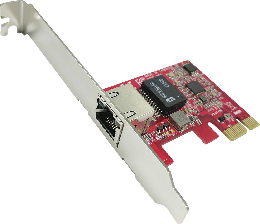 Eine rote Ethernet-PCIe-Netzwerkschnittstellenkarte mit metallischer Halterung, entwickelt zur Erweiterung der Computerkonnektivität für kabelgebundene Netzwerke.