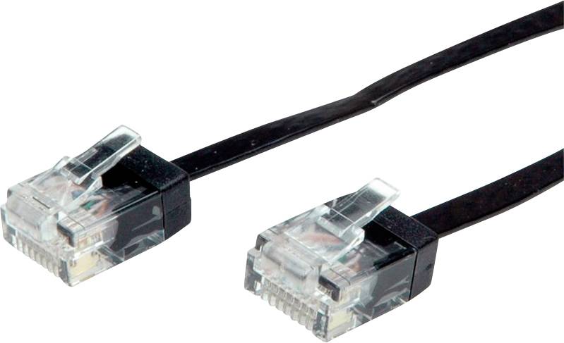 Zwei schwarze Ethernet-Kabel mit durchsichtigen Steckern auf weißem Hintergrund.