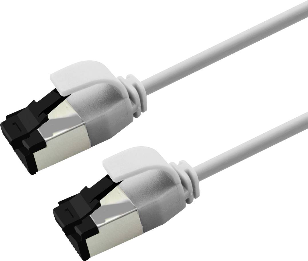 Nahaufnahme von zwei weißen Ethernet-Netzwerkkabeln mit RJ45-Steckern auf neutralem Hintergrund.