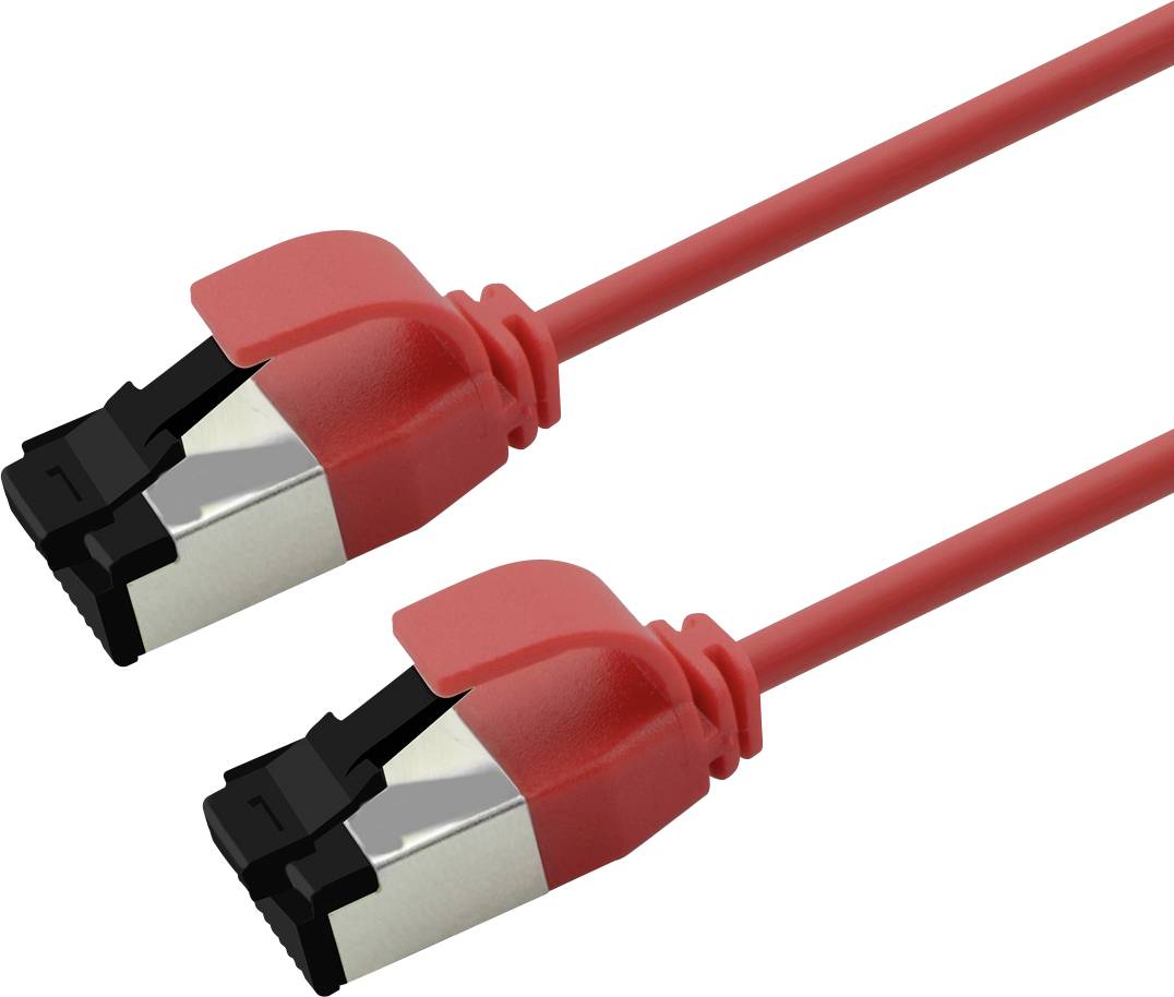 Zwei rote Ethernet-Kabelverbinder mit schwarzen Klammern auf weißem Hintergrund.