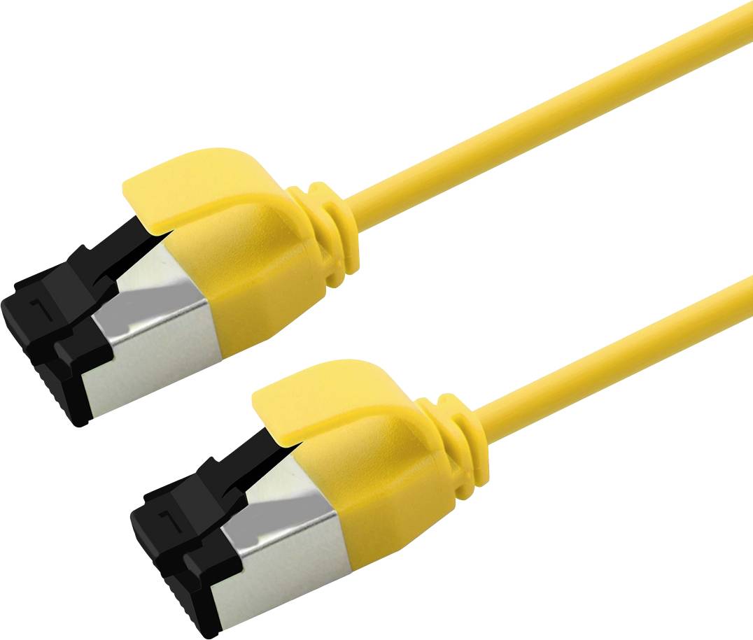 Zwei gelbe Ethernet-Netzwerkkabelstecker auf weißem Hintergrund, in Nahaufnahme diagonal dargestellt.