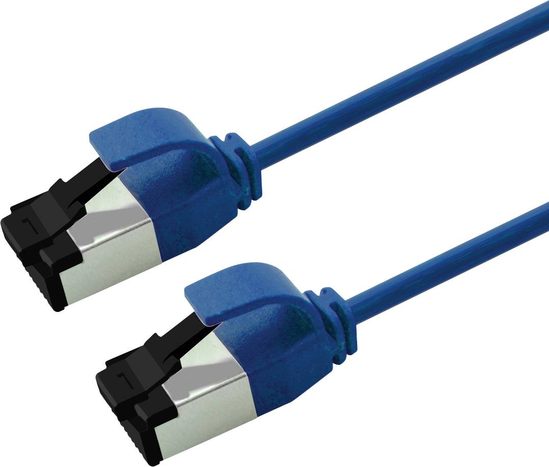 Zwei blaue Ethernet-Kabel mit RJ45-Steckern auf weißem Hintergrund.