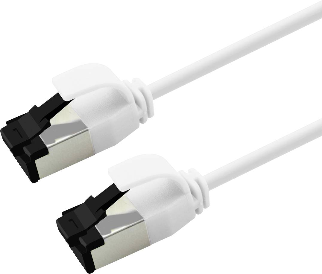 Zwei weiße Ethernet-Kabel mit schwarzen Steckern auf weißem Hintergrund.
