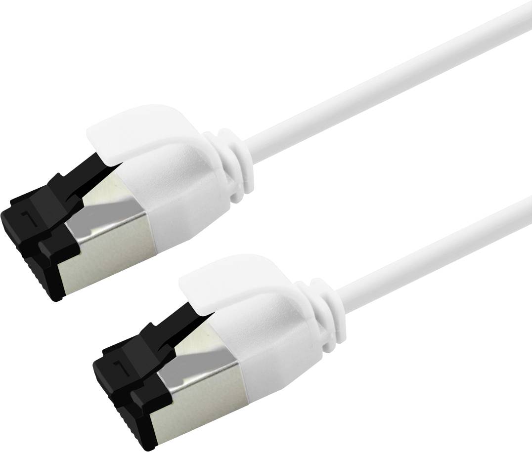 Zwei weiße Ethernet-Kabelstecker mit schwarzen Spitzen, diagonal auf einem einfachen weißen Hintergrund dargestellt.