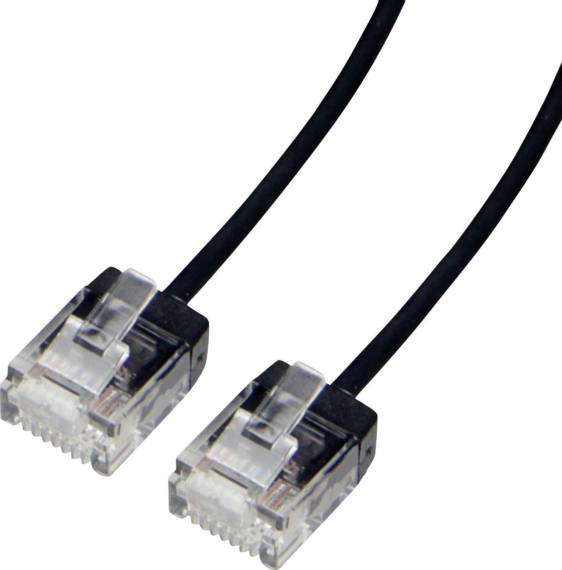 Zwei schwarze Ethernet-Kabel mit transparenten Steckern auf weißem Hintergrund, verwendet für Netzwerkverbindungen und Datenübertragung.