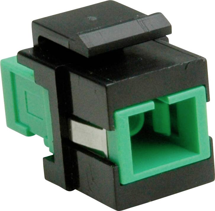 Eine schwarze und blaugrüne Lichtwellenleiter-Keystone-Buchse, die in Netzwerkverkabelungsinstallationen zur Verbindung von Lichtwellenleiterkabeln mit Panels oder Wandplatten verwendet wird.