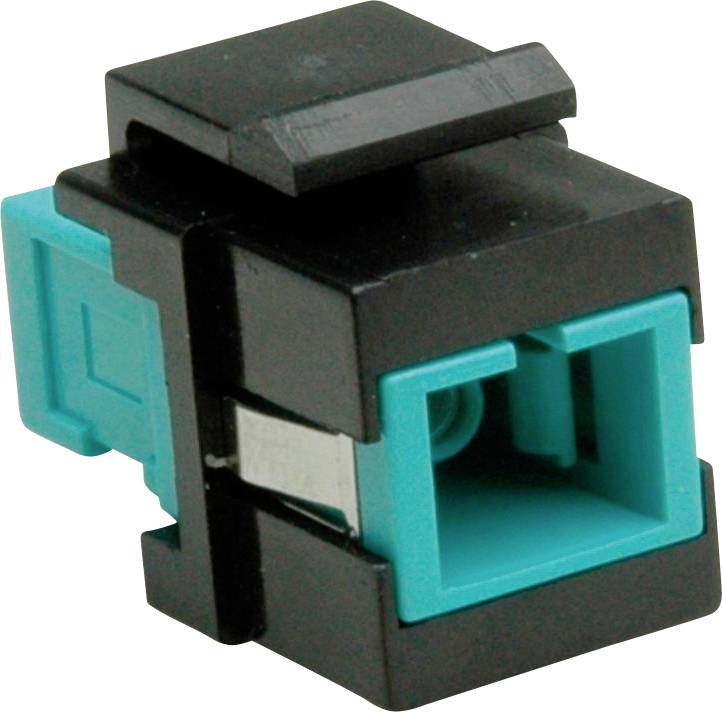 Ein schwarzer und blaugrüner Keystone-Buchsen-Adapter zum Verbinden von Netzwerkkabeln mit rechteckiger Ausführung und Anschlüssen für Ethernet-Verbindungen.