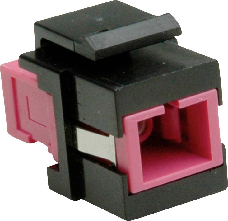 Ein rosa und schwarzer Verbinder zum Anschluss von Keystone-Buchsen, der häufig in der Netzwerktechnik verwendet wird, um reibungslose Kabelverbindungen in Schaltfeldern zu ermöglichen.