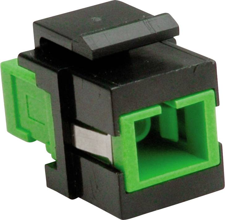 Ein schwarz-grüner Duplex-Glasfaseradapter mit zwei Anschlüssen, verwendet zum Verbinden von Glasfaserkabeln.