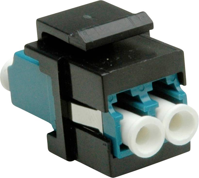 Ein schwarz-blauer Faseroptik-Adapter mit zwei weißen Steckereingang, verwendet zum Verbinden und Verlängern von Faseroptik-Kabeln.
