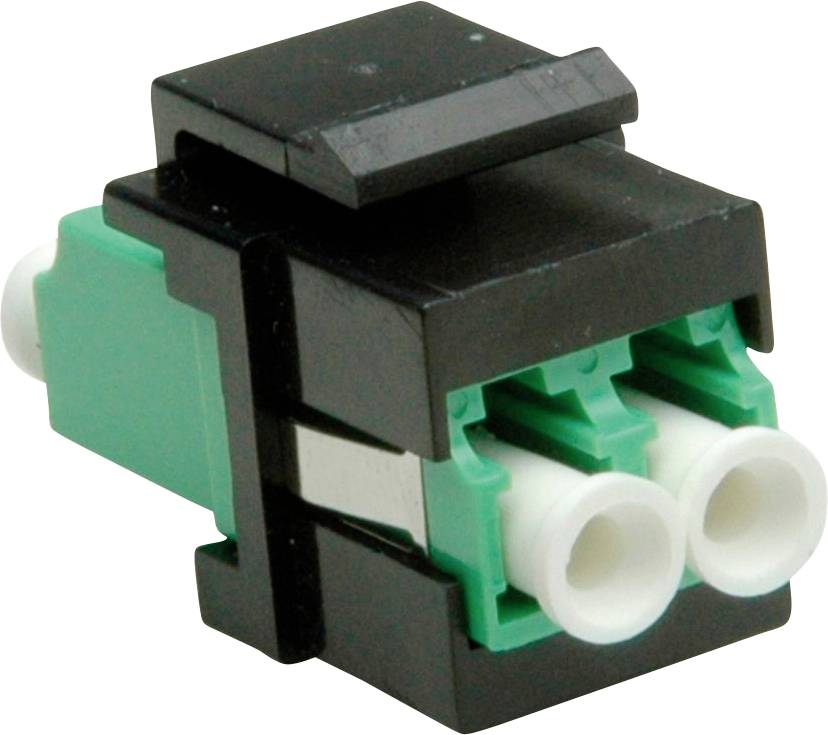 Ein schwarz-grüner Duplex-LC-Faseroptik-Adapter mit zwei weißen Anschlüssen, entwickelt zur Verbindung von optischen Faseroptik-Kabeln für die Datenübertragung.
