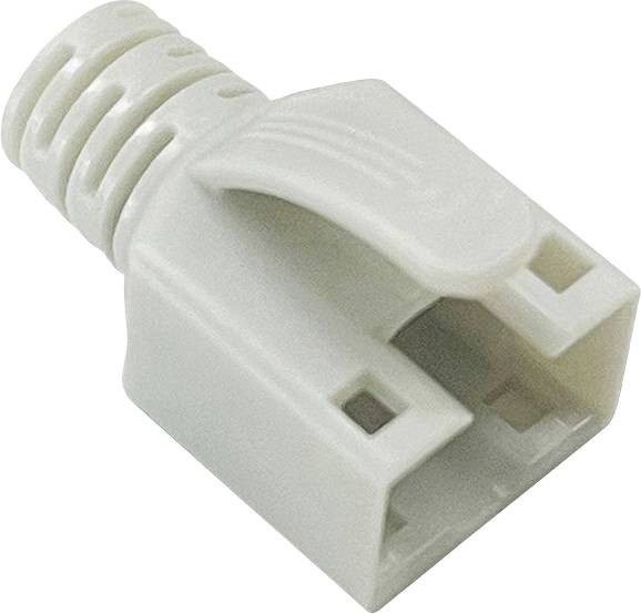 Ein weißes Kunststoff-RJ45-Steckgehäuse mit gerippten Seiten und einer Rastklinke, das für Netzwerkkabel verwendet wird.