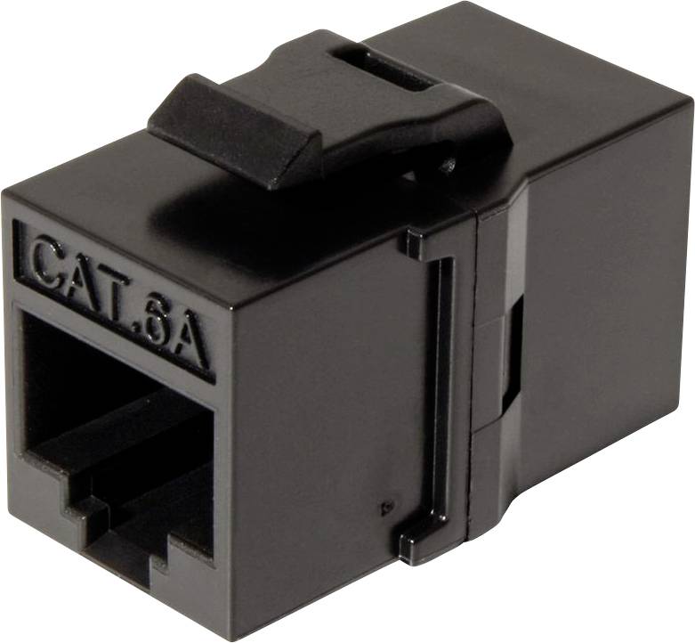 Black Cat 6A Keystone-Buchse mit Verriegelungslasche, verwendet für Netzwerkverbindungen.