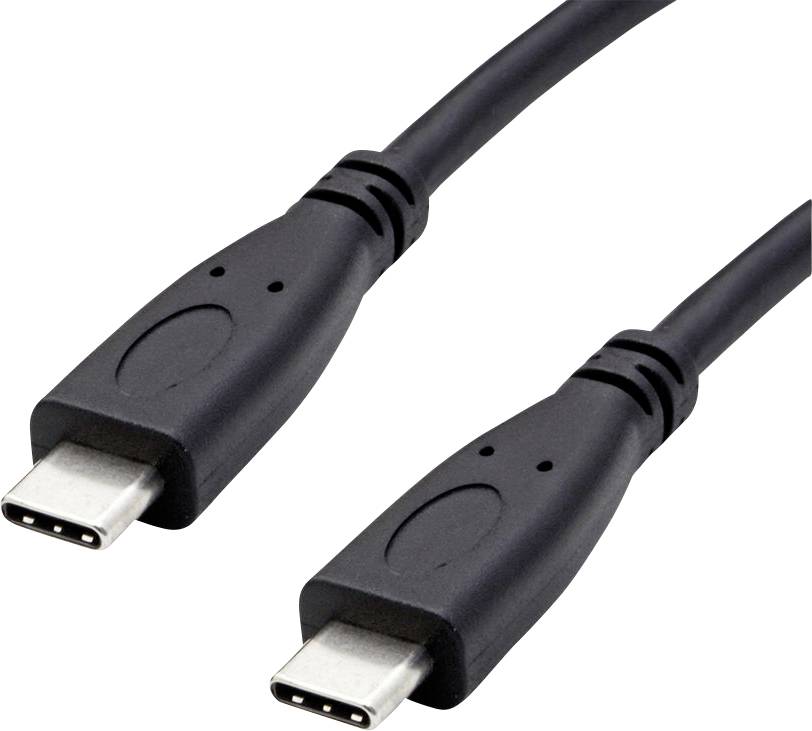 Ein schwarzes USB-C-Kabel mit zwei identischen Anschlüssen, geeignet für Datenübertragung und zum Laden elektronischer Geräte.