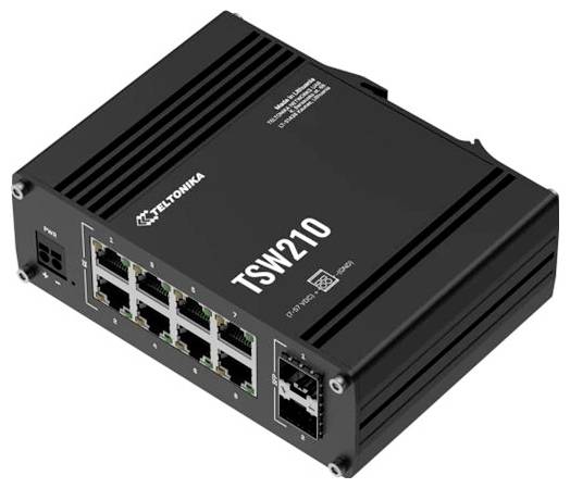 Schwarzer Teltonika TSW210 industrieller Ethernet-Schalter mit acht RJ45-Anschlüssen und Stromeingang, gezeigt auf weißem Hintergrund.