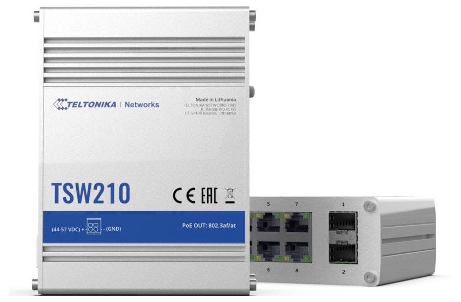 Teltonika TSW210 Netzwerk-Switch mit vier Ethernet-Ports, PoE-Unterstützung und Indikatoren für Stromversorgung und Konnektivität. Hergestellt in Litauen.