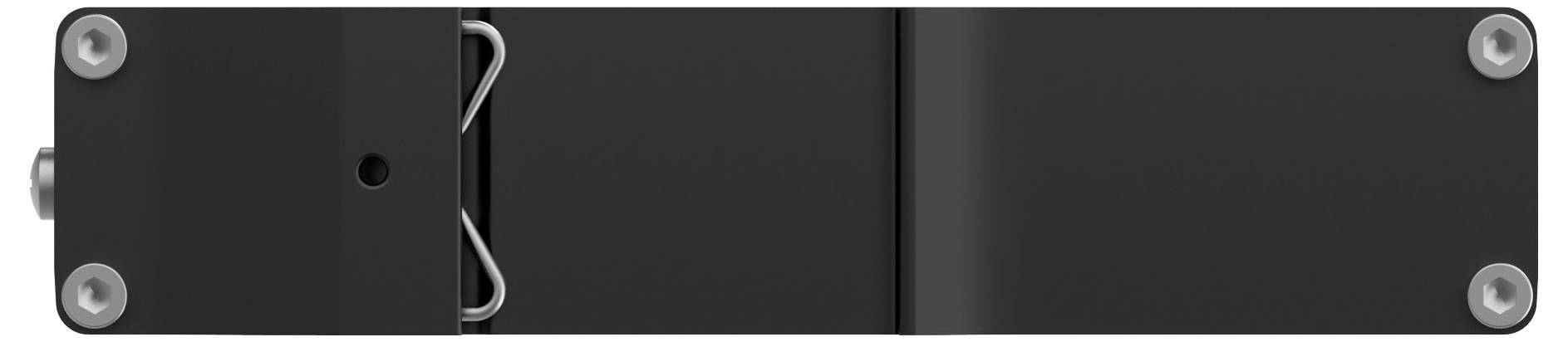 Eine schwarze Sicherheitsgurtschnalle mit einfachem, rechteckigem Design, bestehend aus einem Metallclip und vier Nieten an den Ecken zur Befestigung.