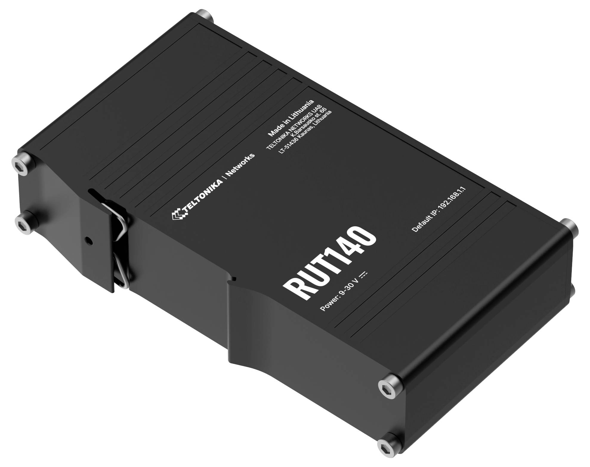 Ein schwarzer Teltonika Networks RUT140 Router mit Modellnummer und Zertifizierungen sichtbar auf dem Gehäuse, entwickelt für industrielle Netzwerklösungen.