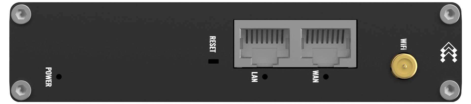 Ein schwarzes Gerätefront mit zwei Ethernet-Anschlüssen mit den Bezeichnungen „LAN