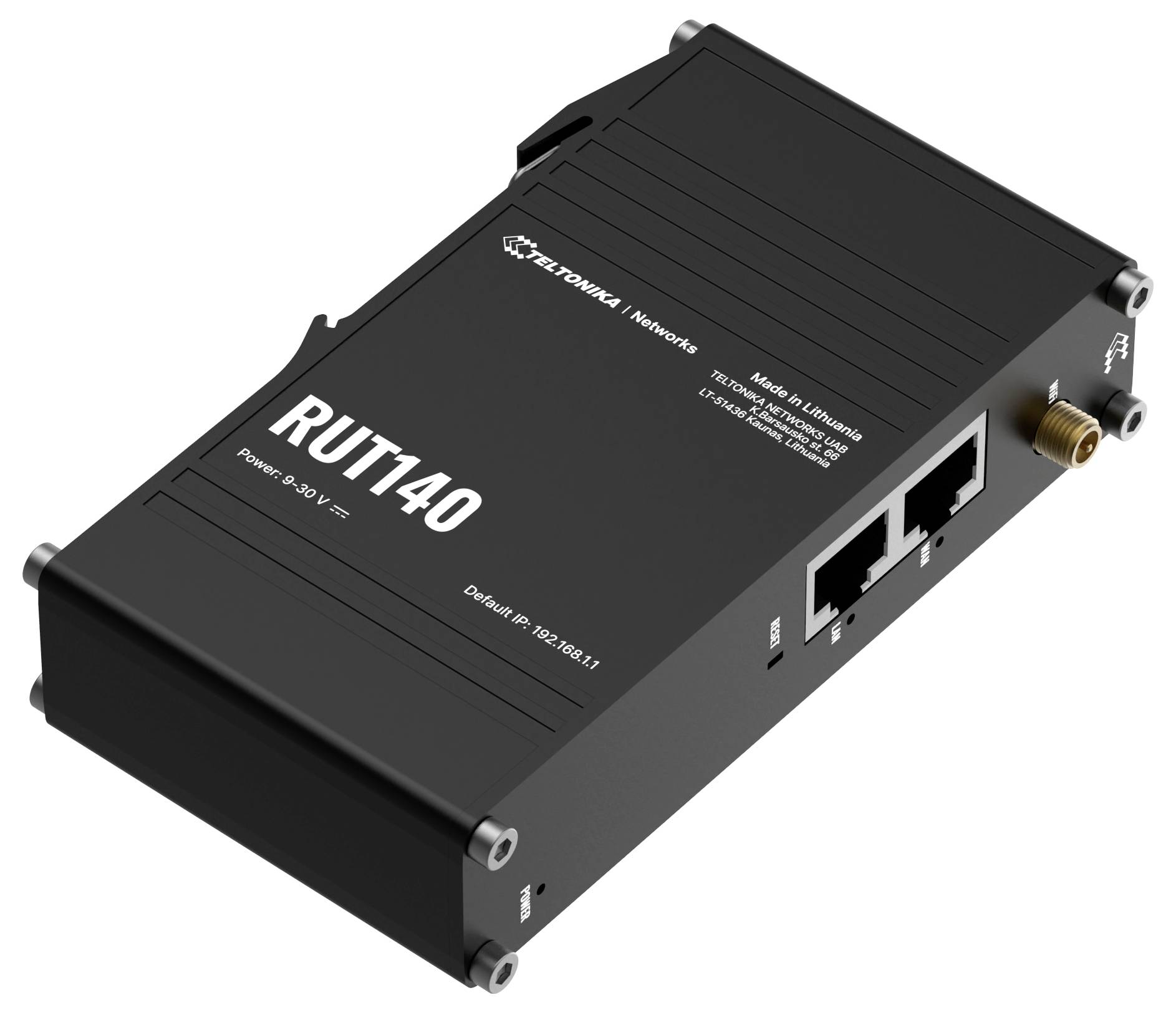 Ein schwarzer Teltonika RUT140 Router mit kompaktem Design und zwei Ethernet-Anschlüssen, wobei die Stromversorgungsspezifikationen sichtbar sind.