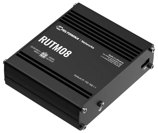 Ein schwarzer Teltonika Networks RUTM08-Router mit Modelldetails und der Standard-IP-Adresse „192.168.1.1