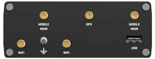 Schwarzes elektronisches Bedienfeld mit beschrifteten Anschlüssen: MOBILE MAIN, GPS, MOBILE MAIN, WiFi, USB. Enthält Erdungssymbol. Kreisförmige Steckverbinder.