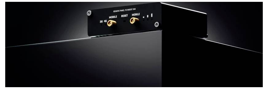 Eine Nahaufnahme eines eleganten schwarzen Audiogeräts mit zwei vergoldeten Anschlüssen mit den Bezeichnungen „Module In 1