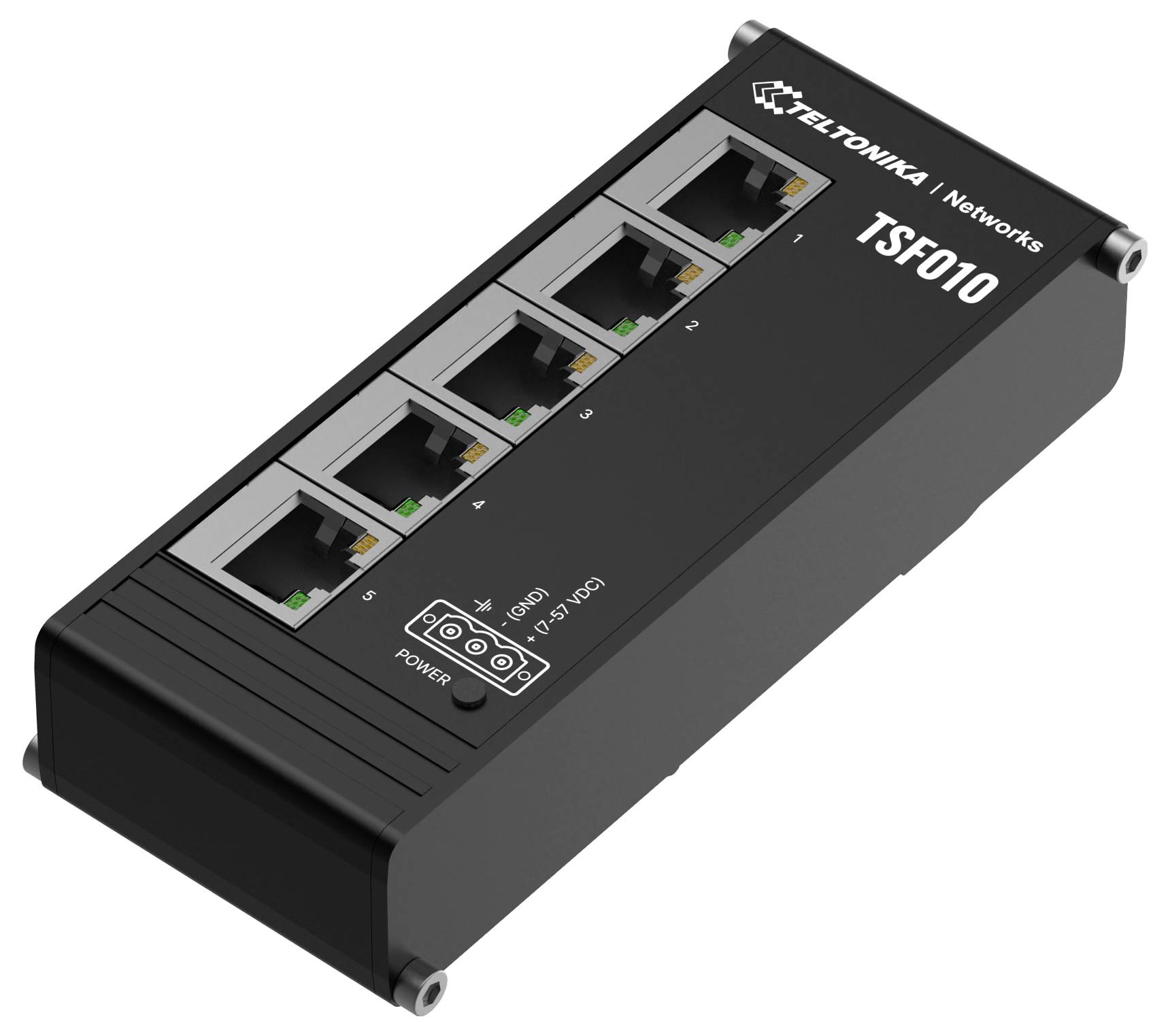 Ein schwarzer Netzwerkschalter mit der Bezeichnung „TELTONIKA TSF010