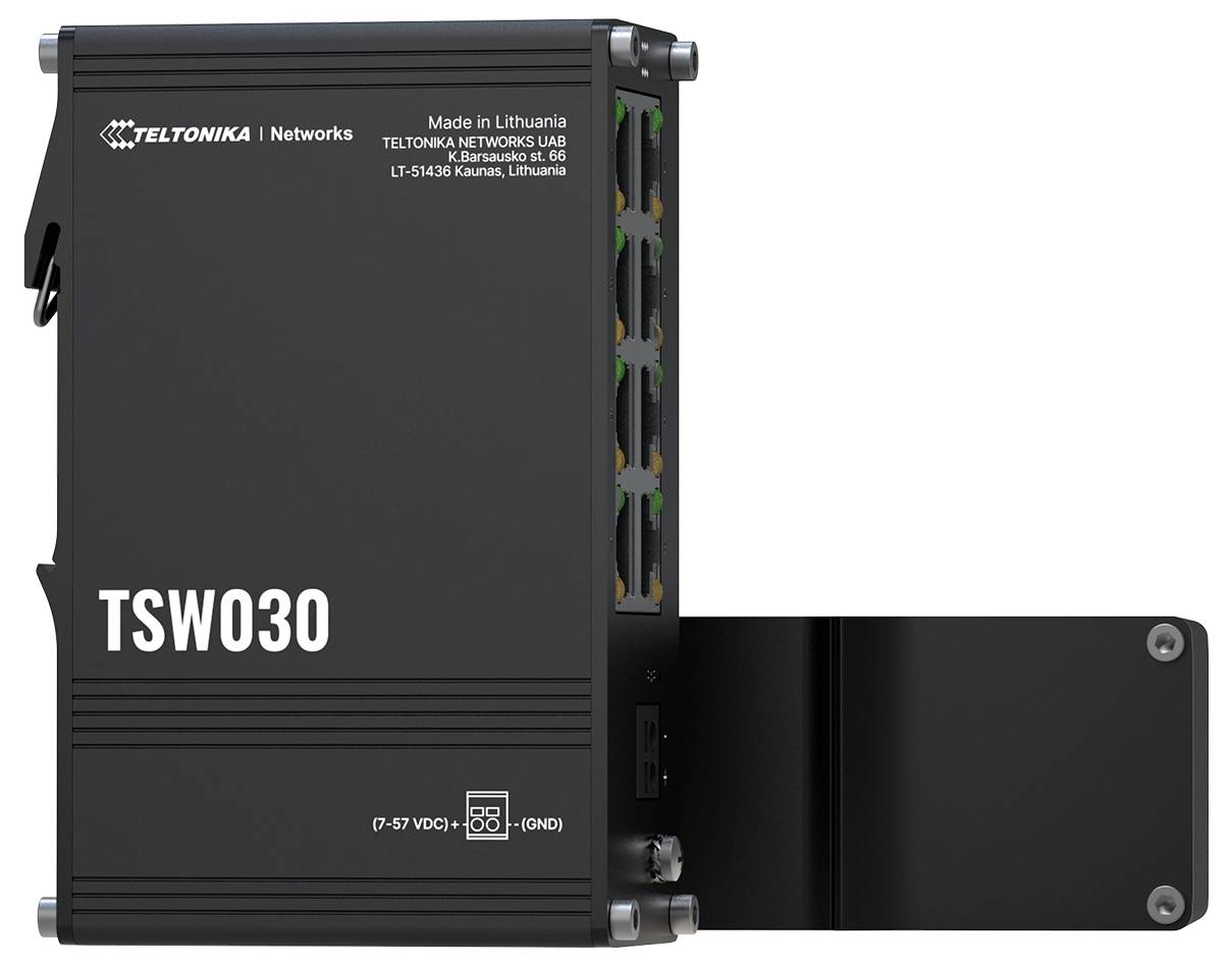 'Teltonika TSW030' Gigabit-Netzwerk-Switch mit fünf Ethernet-Anschlüssen, geeignet für Industrieanwendungen und zur Montage ausgelegt.