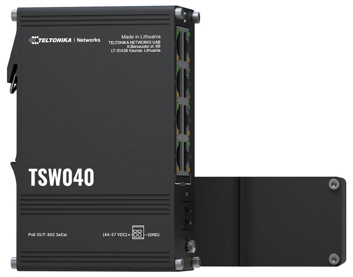 TELTONIKA Networks TSW040 Schalter in Schwarz mit fünf Ethernet-Anschlüssen und Stromversorgungsspezifikationen auf der Seite.