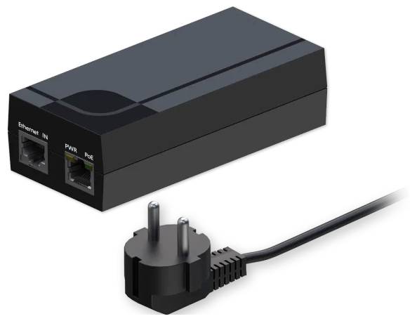 „Power-over-Ethernet-Injektor mit europäischem Stecker, ausgestattet mit Ethernet-Eingang und PoE-Anschlüssen zum Verbinden von Netzwerkgeräten.