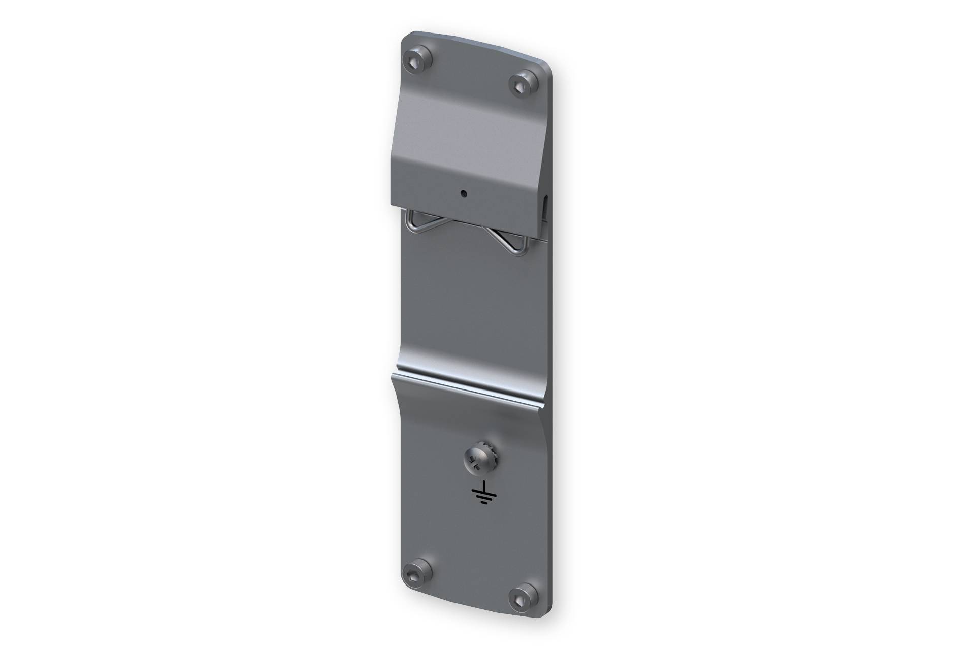 Ein metallischer wandmontierter Flaschenöffner mit vier Schrauben und einem Erdungssymbol in der Nähe der Basis.