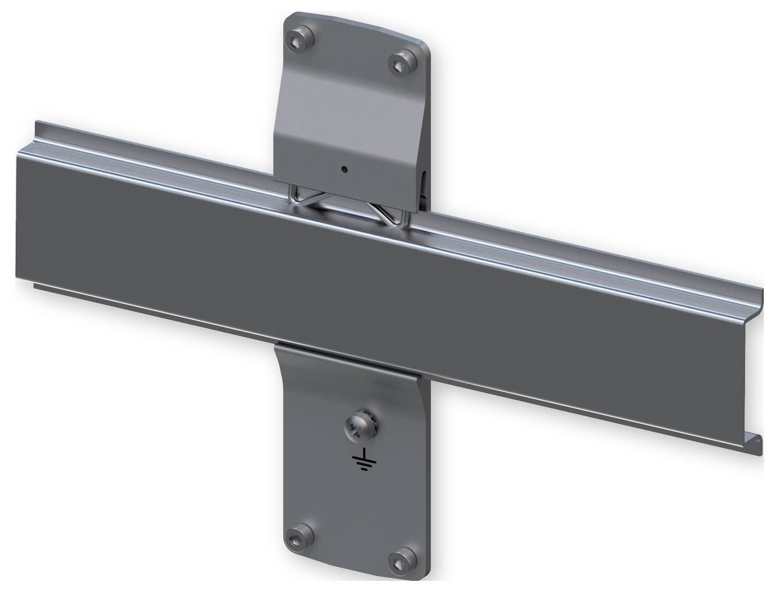 Ein Metallgerät mit T-förmigem Design, das Befestigungshardware oben und unten aufweist und für strukturelle oder elektrische Anwendungen verwendet wird.