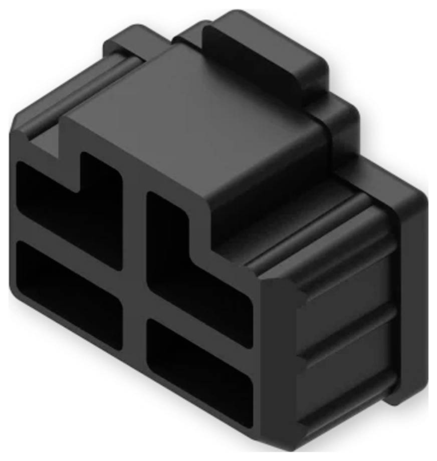 Ein schwarzes, vierplatziges rechteckiges Kunststoffsteckergehäuse, wahrscheinlich für elektronische oder Kraftfahrzeuganwendungen zur sicheren Kabelverbindung verwendet.
