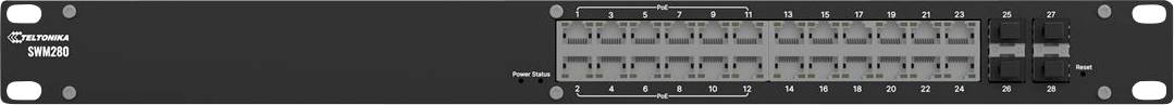 Frontplatte eines 1U-Netzwerk-Switches mit 24 Ethernet-Ports, Status-LEDs und Uplink-Ports auf der rechten Seite.