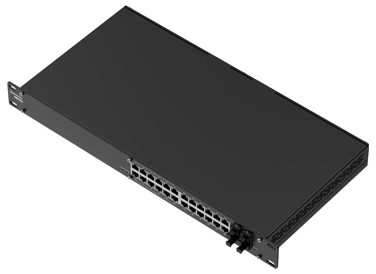 Schwarzer Rack-Mount-Netzwerk-Switch mit mehreren Ethernet-Anschlüssen auf der Vorderseite und Befestigungsbügeln an beiden Enden.