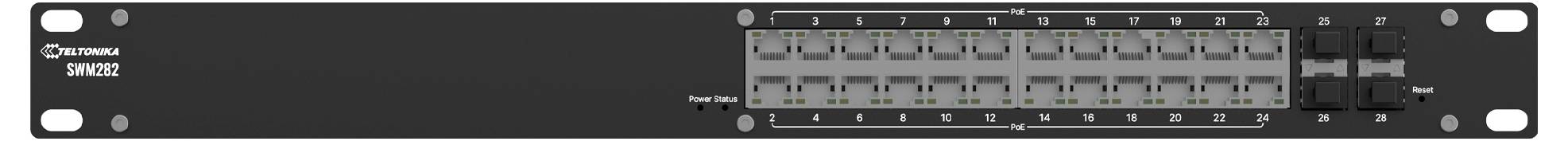 Ein Netzwerk-Switch mit mehreren Anschlüssen, beschriftet mit „Fortinet